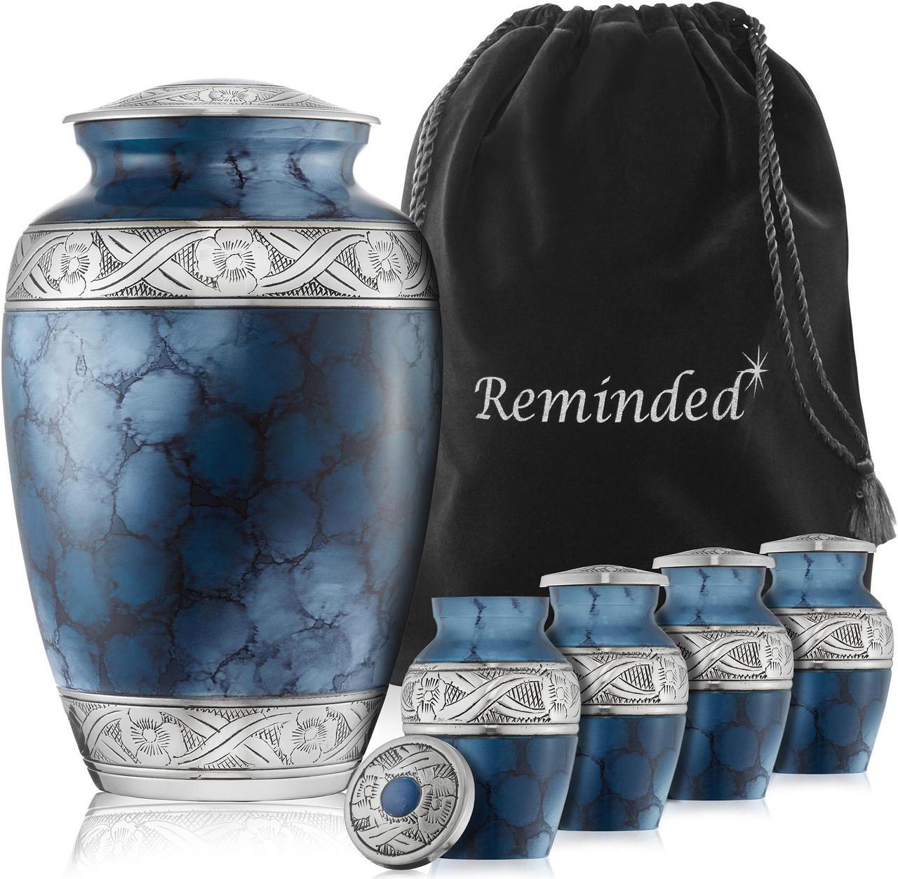 Main image of Reminded Set of 5 Decorative Cremation Urns for Human Ashes - 1 Adult + 4 Keepsake Token Size, Blue