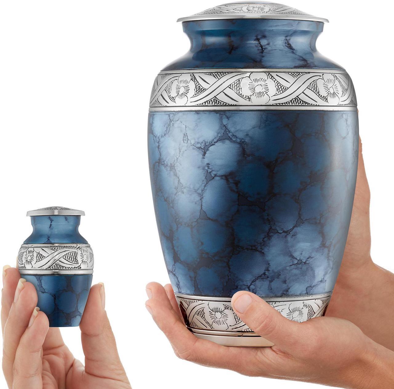 Alt view image 3 of 6 - Reminded Set of 5 Decorative Cremation Urns for Human Ashes - 1 Adult + 4 Keepsake Token Size, Blue
