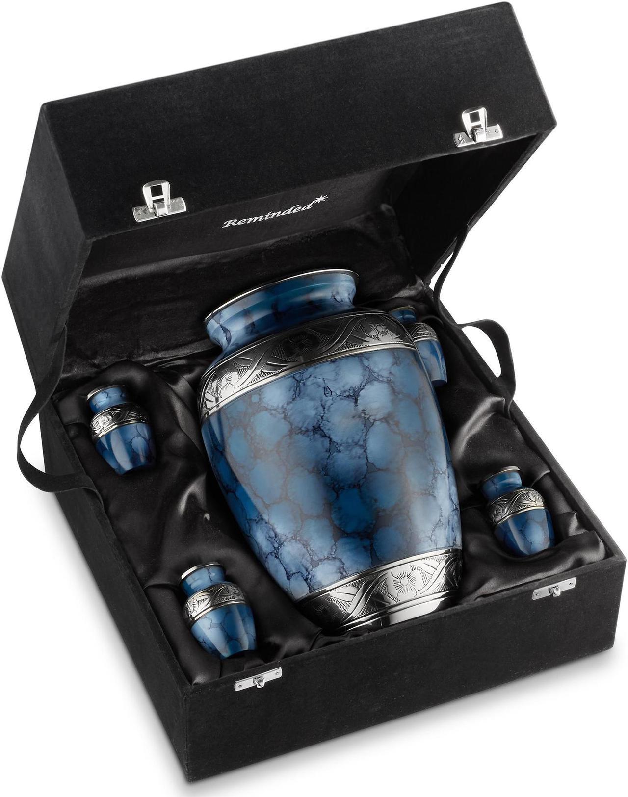 Alt view image 2 of 6 - Reminded Set of 5 Decorative Cremation Urns for Human Ashes - 1 Adult + 4 Keepsake Token Size, Blue