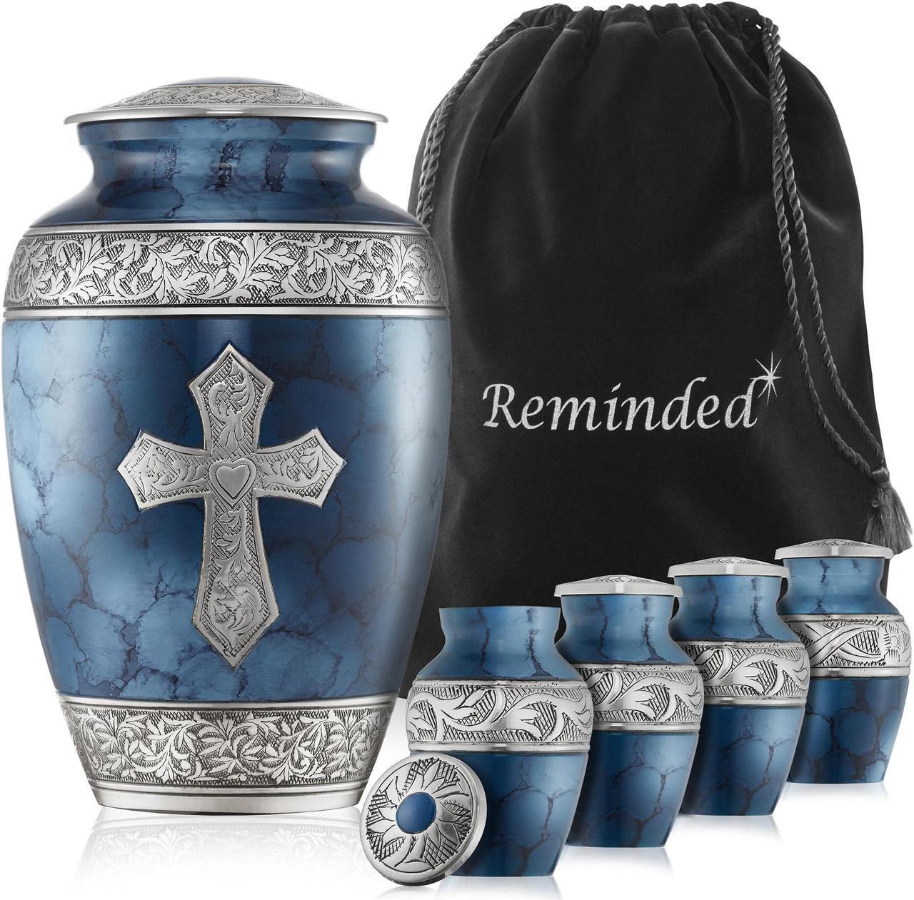 Main image of Reminded Set of 5 Engraved  Cross Cremation Urns for Human Ashes - 1 Adult + 4 Keepsake Token Size, Blue