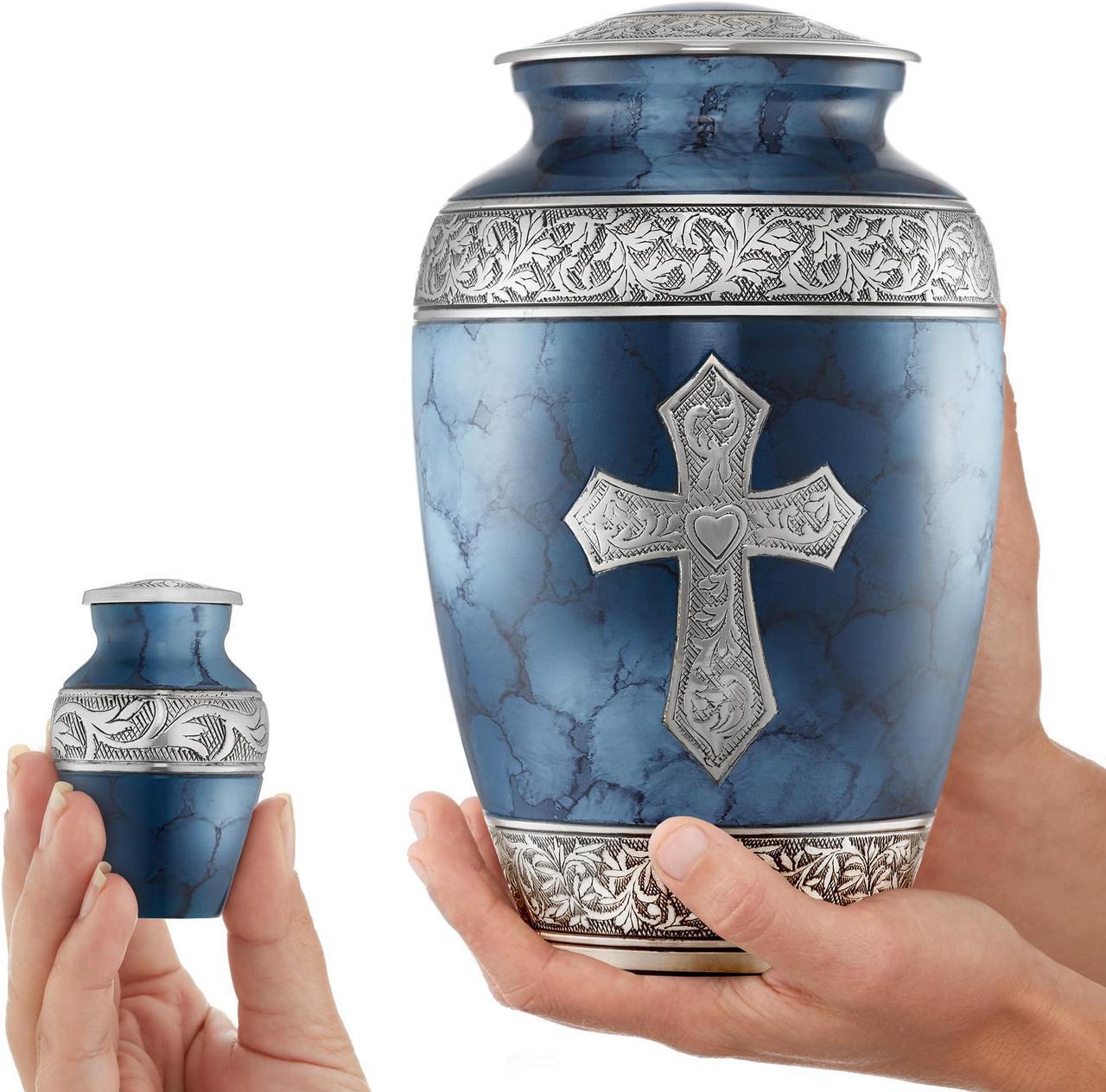 Alt view image 3 of 6 - Reminded Set of 5 Engraved  Cross Cremation Urns for Human Ashes - 1 Adult + 4 Keepsake Token Size, Blue