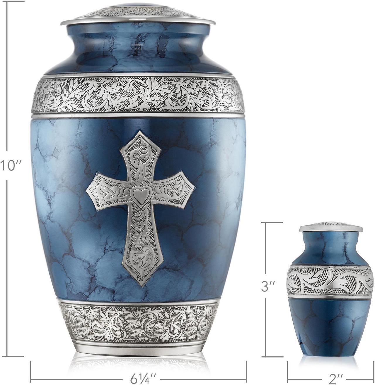 Alt view image 5 of 6 - Reminded Set of 5 Engraved  Cross Cremation Urns for Human Ashes - 1 Adult + 4 Keepsake Token Size, Blue