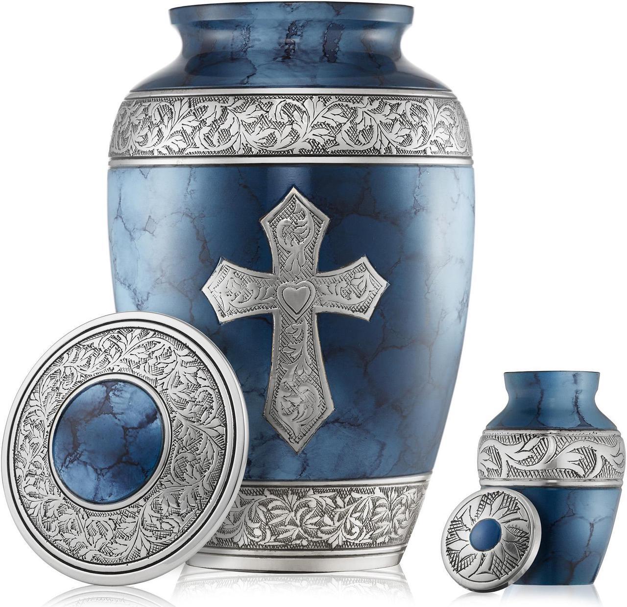 Alt view image 4 of 6 - Reminded Set of 5 Engraved  Cross Cremation Urns for Human Ashes - 1 Adult + 4 Keepsake Token Size, Blue