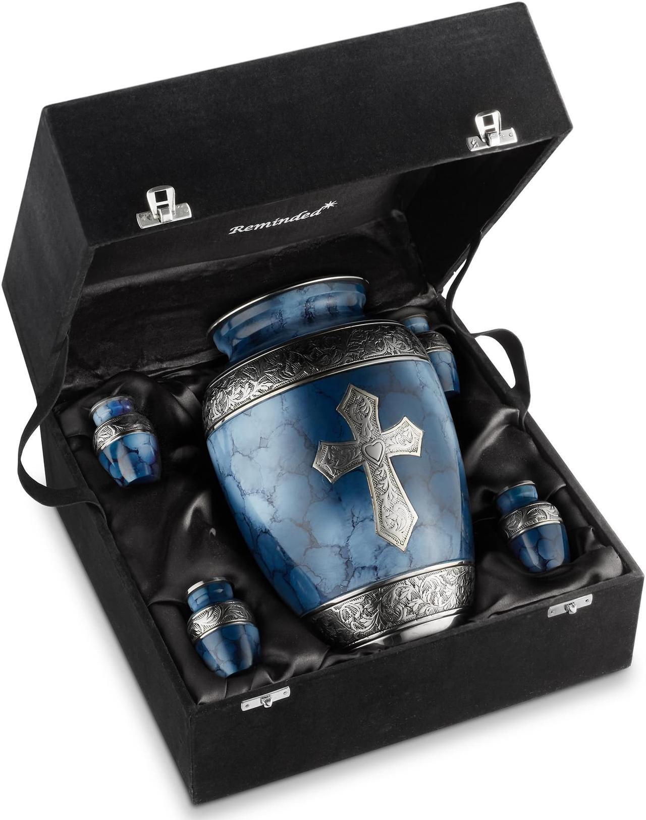Alt view image 2 of 6 - Reminded Set of 5 Engraved  Cross Cremation Urns for Human Ashes - 1 Adult + 4 Keepsake Token Size, Blue