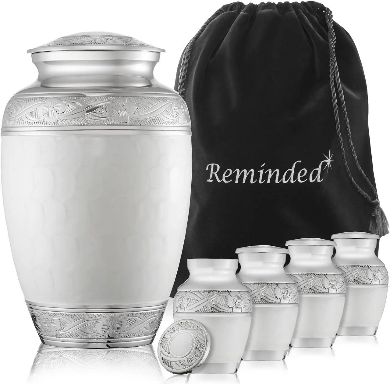 Main image of Reminded Set of 5 Decorative Cremation Urns for Human Ashes - 1 Adult + 4 Keepsake Token Size, White