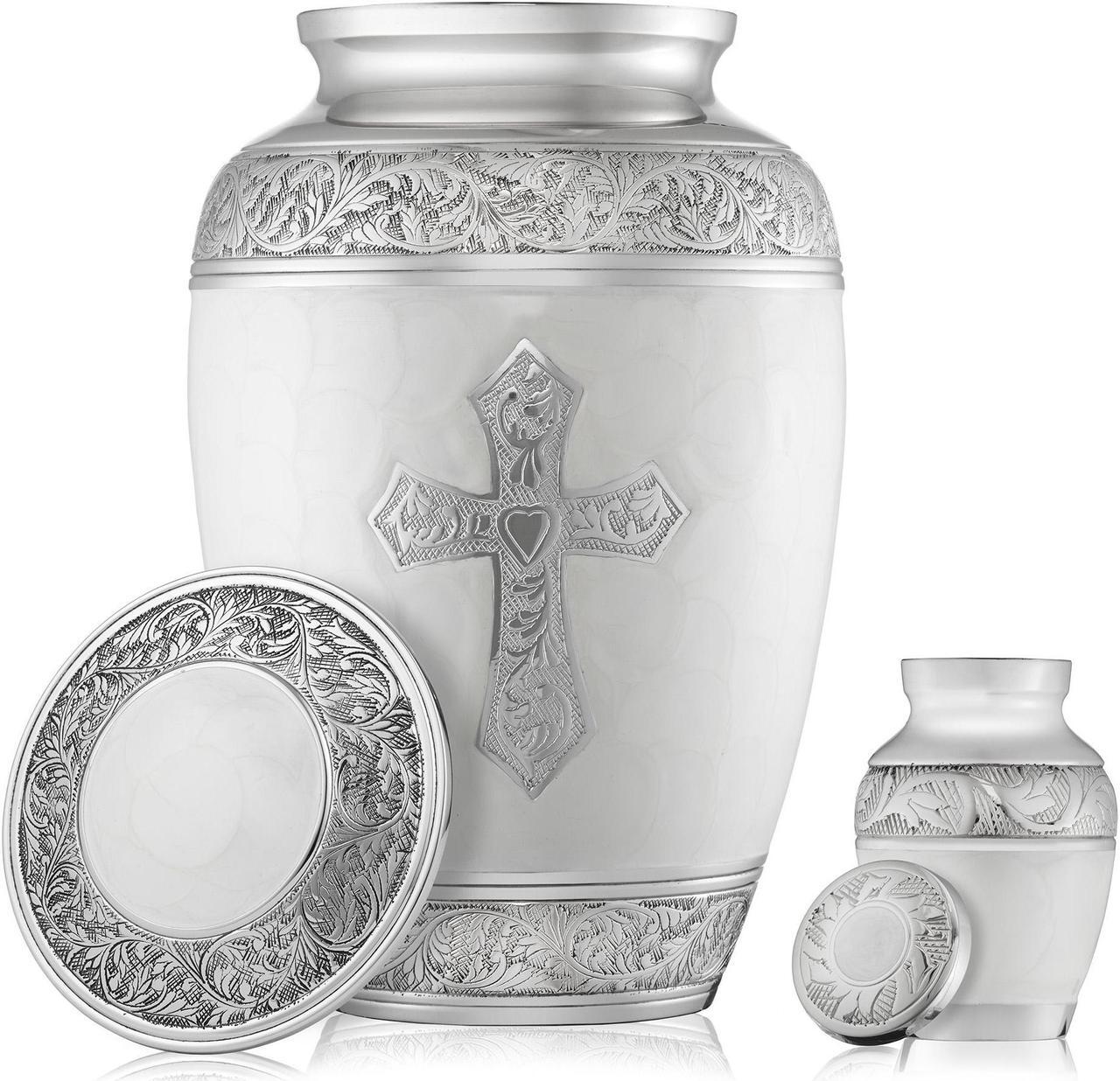 Alt view image 4 of 6 - Reminded Set of 5 Engraved  Cross Cremation Urns for Human Ashes - 1 Adult + 4 Keepsake Token Size, White