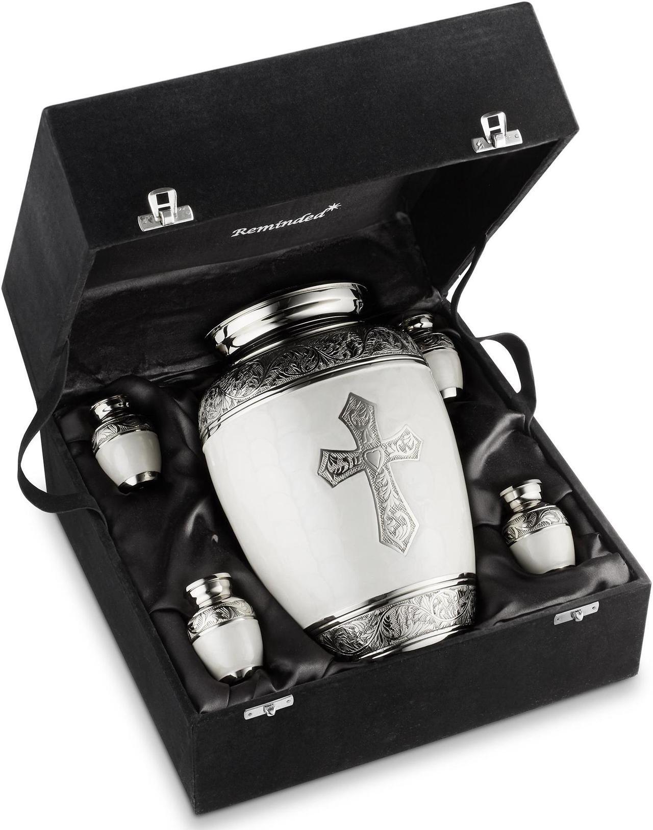 Alt view image 2 of 6 - Reminded Set of 5 Engraved  Cross Cremation Urns for Human Ashes - 1 Adult + 4 Keepsake Token Size, White