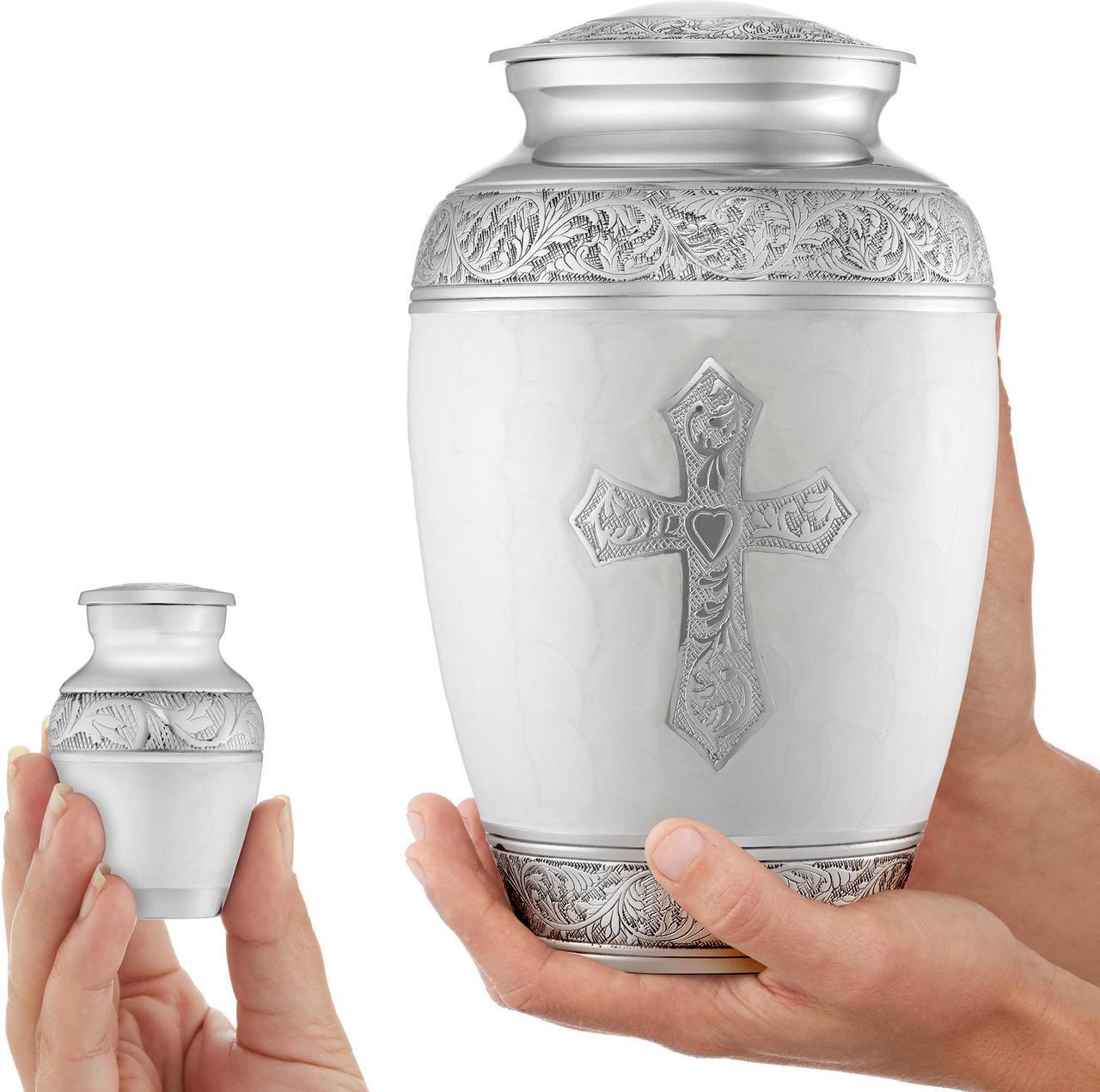 Alt view image 3 of 6 - Reminded Set of 5 Engraved  Cross Cremation Urns for Human Ashes - 1 Adult + 4 Keepsake Token Size, White
