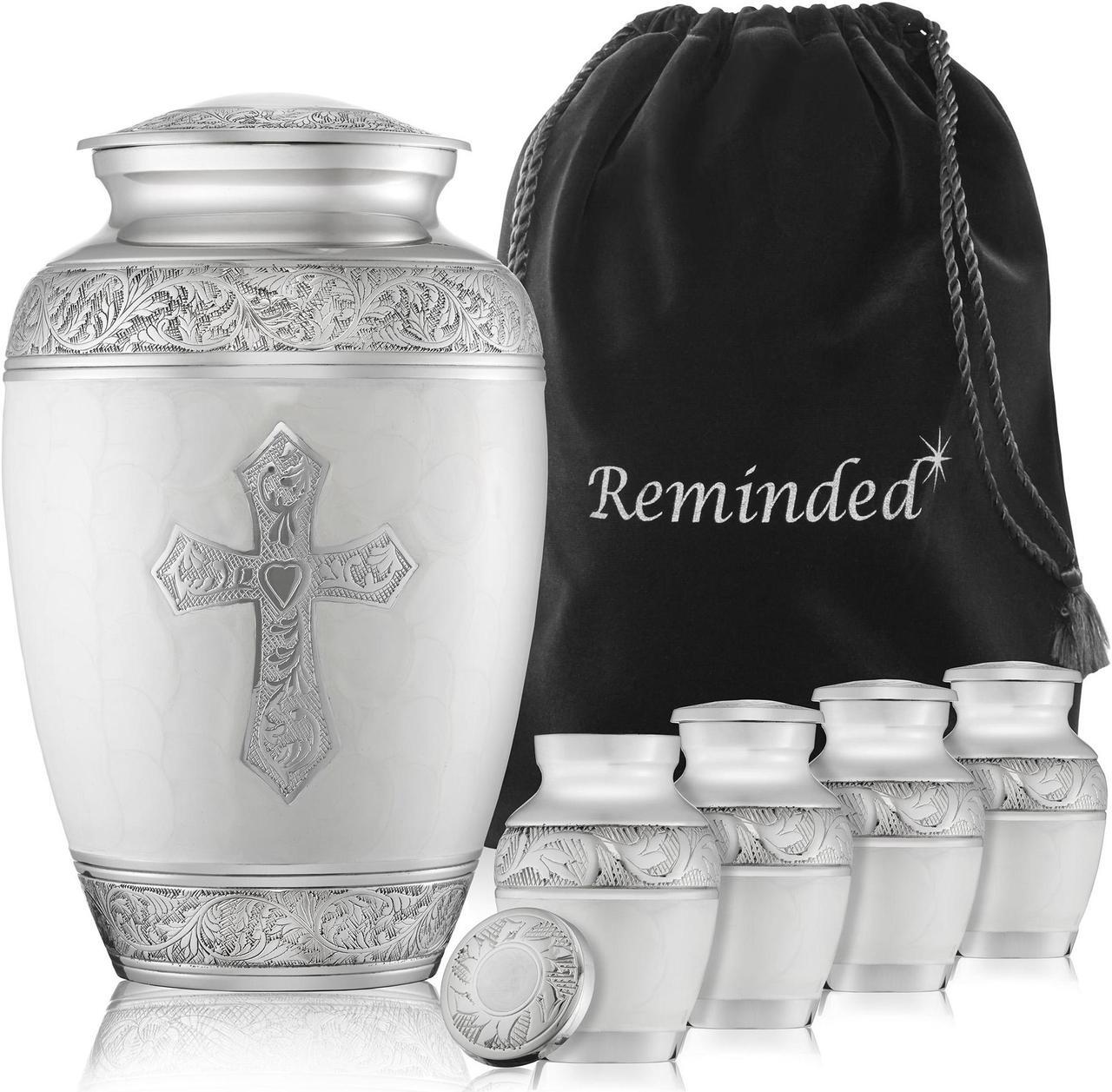 Main image of Reminded Set of 5 Engraved  Cross Cremation Urns for Human Ashes - 1 Adult + 4 Keepsake Token Size, White