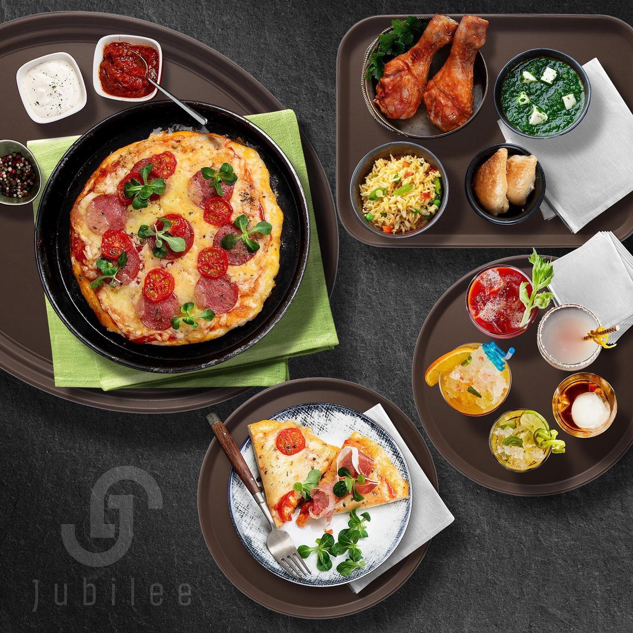 Alt view image 6 of 6 - Jubilee 18" Round Restaurant Serving Trays (Set of 2), Brown - NSF Certified Non-Slip Food Service Tray