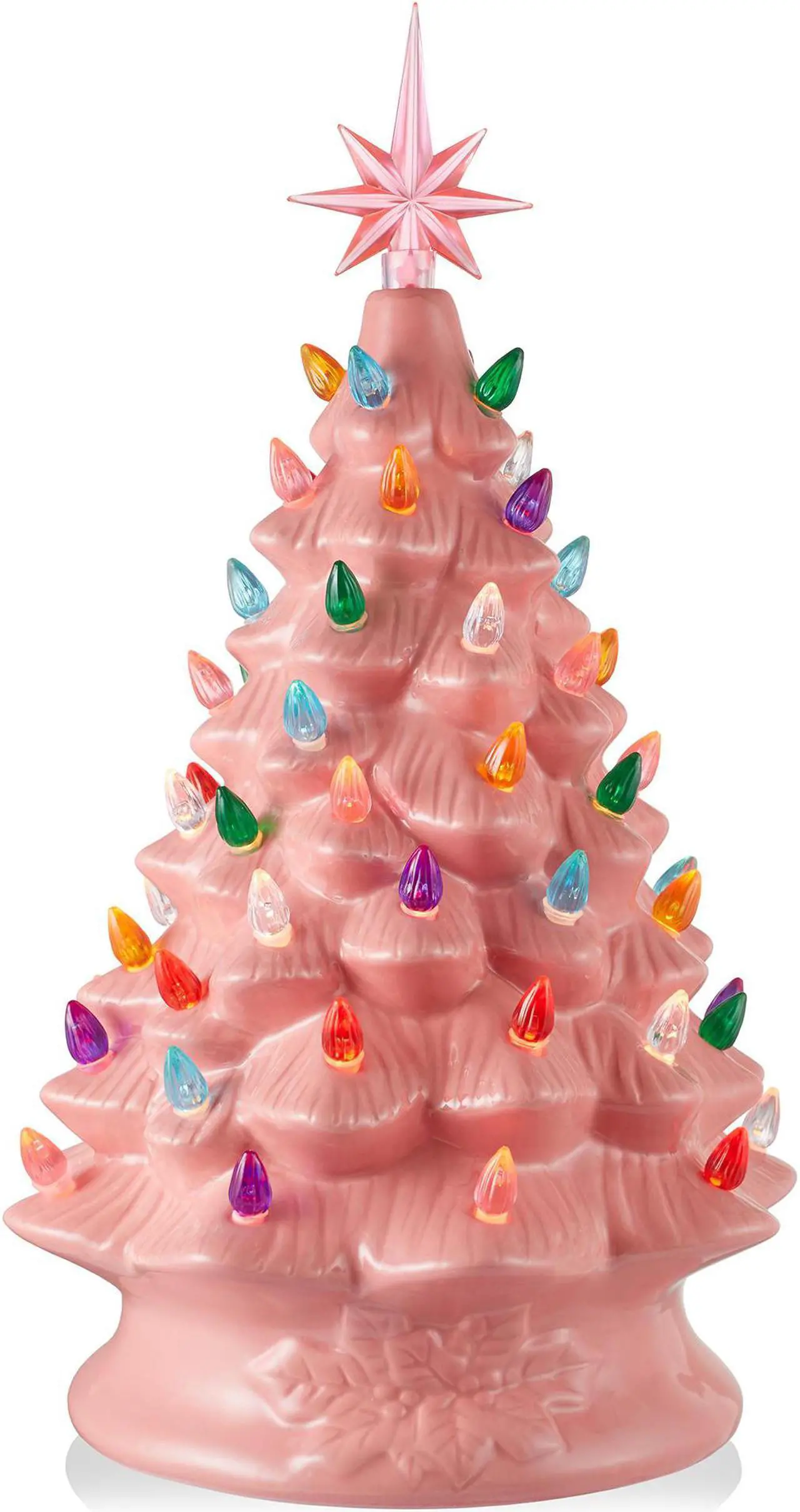 Main image of Casafield Hand Painted Ceramic Christmas Tree, Pink 15-Inch Pre-Lit Tree with 128 Multi Color Lights and 2 Star Toppers