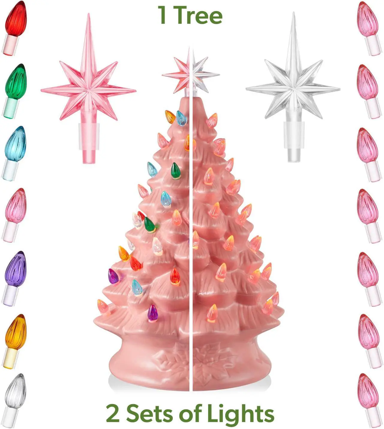 Alt view image 2 of 6 - Casafield Hand Painted Ceramic Christmas Tree, Pink 15-Inch Pre-Lit Tree with 128 Multi Color Lights and 2 Star Toppers