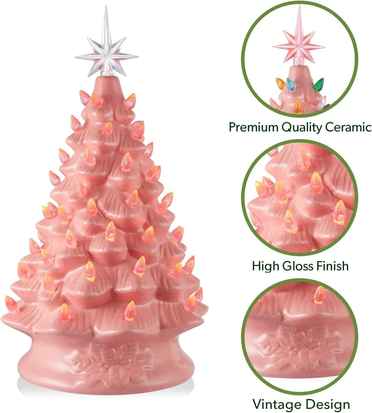 Alt view image 3 of 6 - Casafield Hand Painted Ceramic Christmas Tree, Pink 15-Inch Pre-Lit Tree with 128 Multi Color Lights and 2 Star Toppers