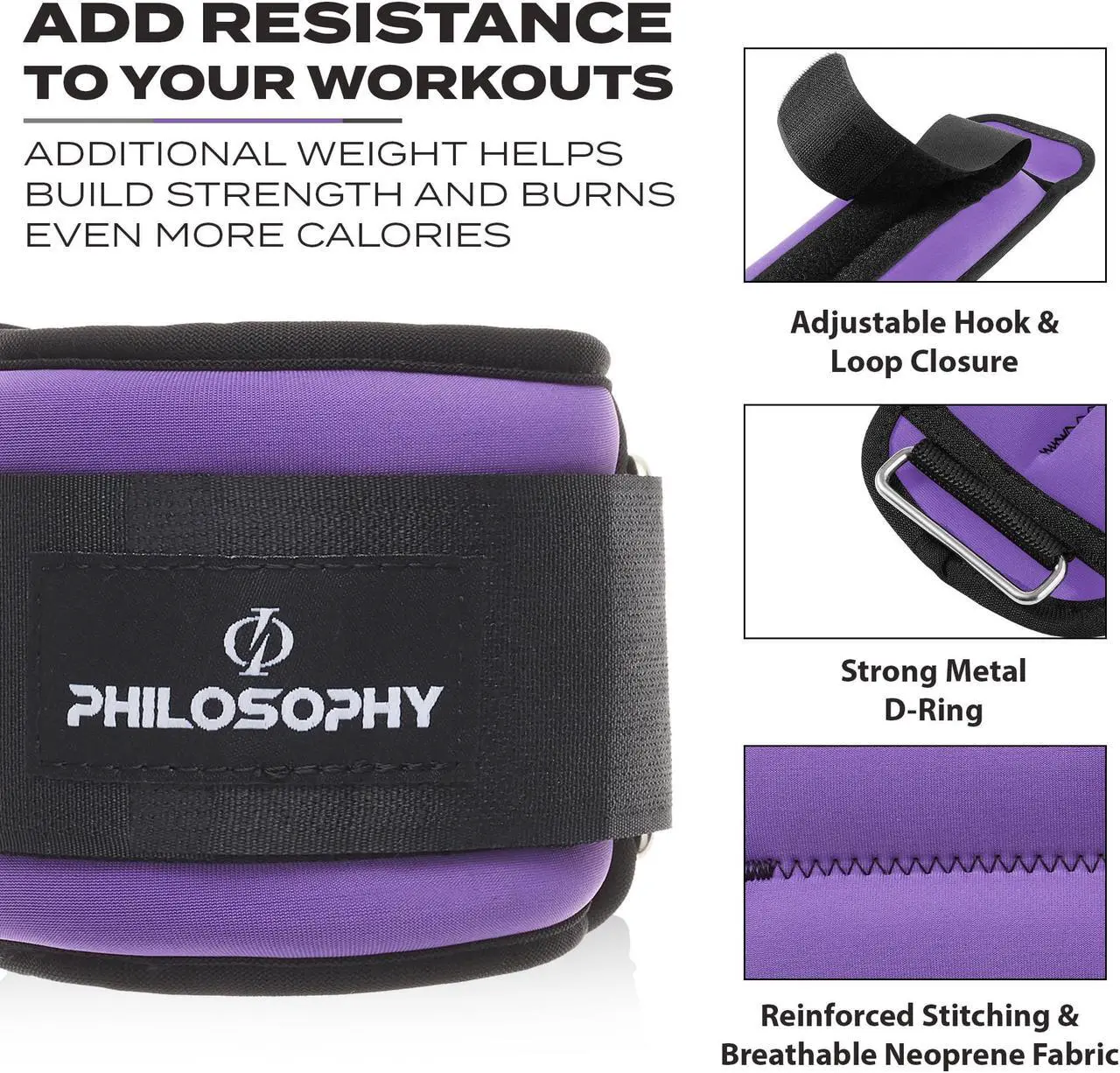 Alt view image 5 of 6 - Philosophy Gym Adjustable Ankle/Wrist Weights, Set of 2 - 2 lb Each, 4 lb Total for Strength Training and Fitness