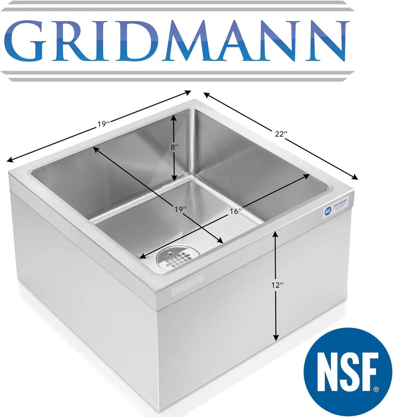 Alt view image 6 of 6 - GRIDMANN Stainless Steel Floor Mop Sink - 19" x 22" x 12", NSF Certified