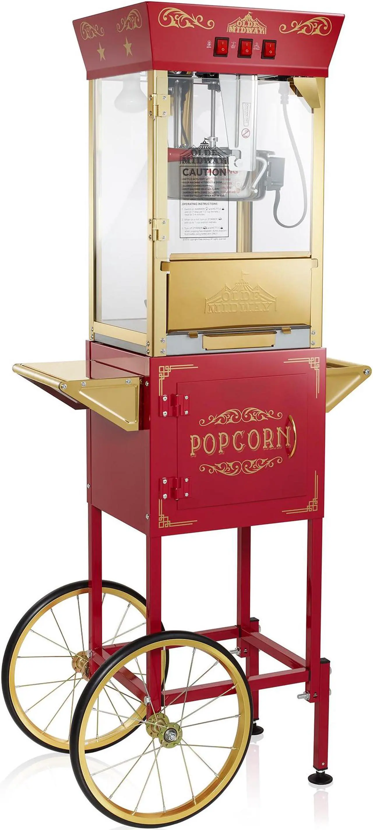 Main image of Olde Midway Movie Theater-Style Popcorn Machine Maker with Cart and 8-Ounce Kettle - Red, Vintage-Style Popper on Wheels