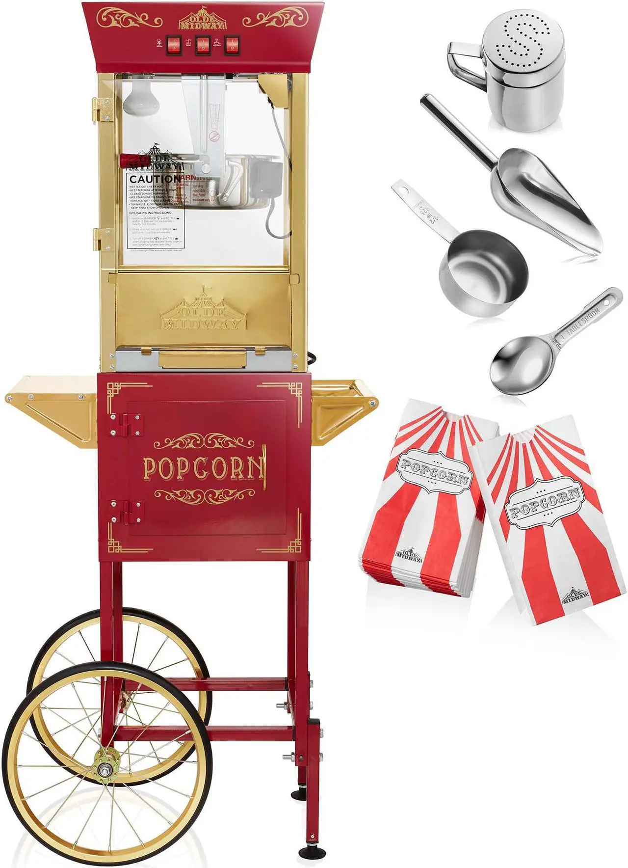 Alt view image 3 of 6 - Olde Midway Movie Theater-Style Popcorn Machine Maker with Cart and 8-Ounce Kettle - Red, Vintage-Style Popper on Wheels