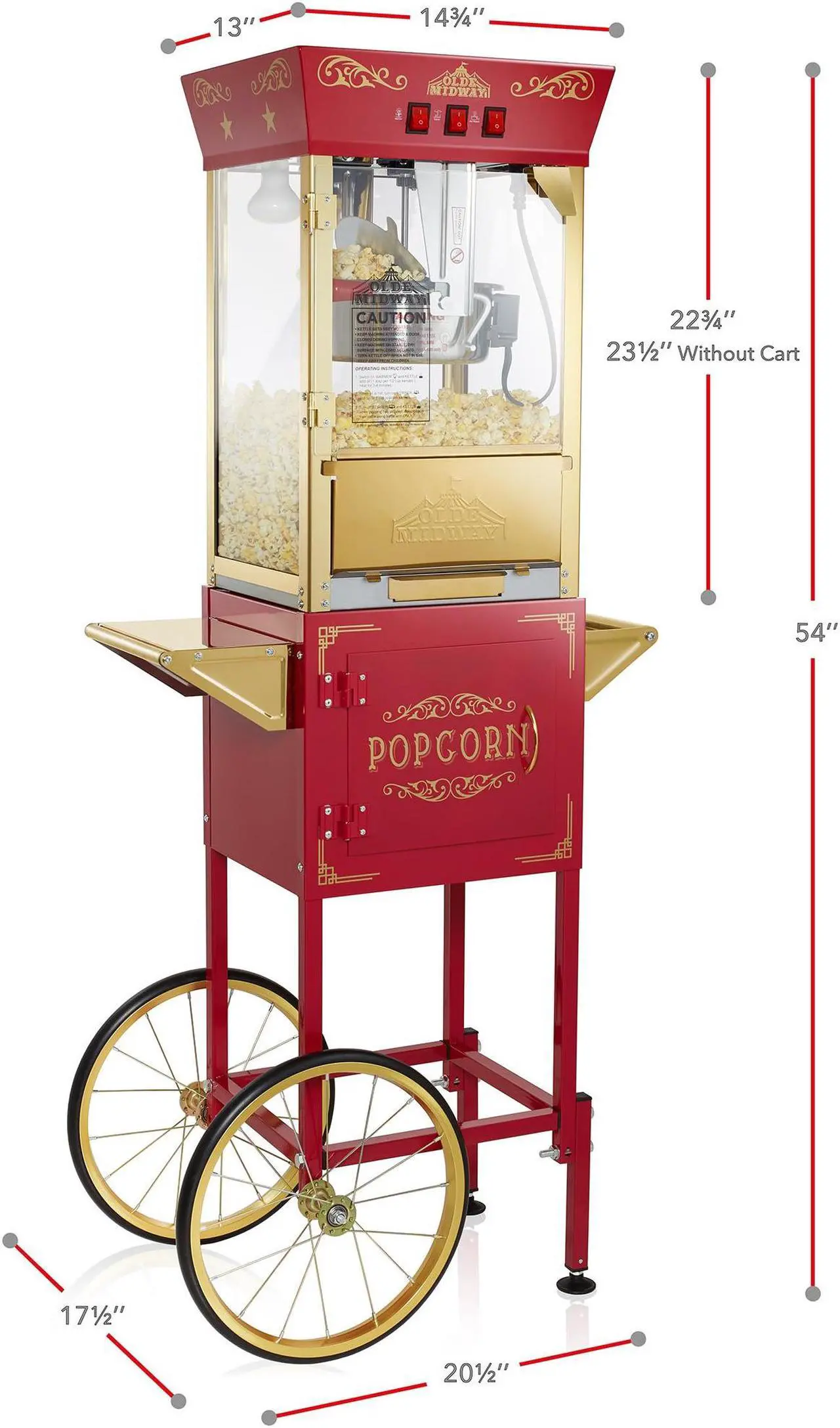 Alt view image 5 of 6 - Olde Midway Movie Theater-Style Popcorn Machine Maker with Cart and 8-Ounce Kettle - Red, Vintage-Style Popper on Wheels