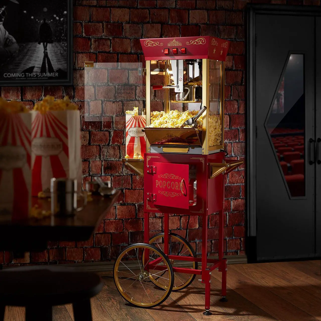 Alt view image 2 of 6 - Olde Midway Movie Theater-Style Popcorn Machine Maker with Cart and 8-Ounce Kettle - Red, Vintage-Style Popper on Wheels