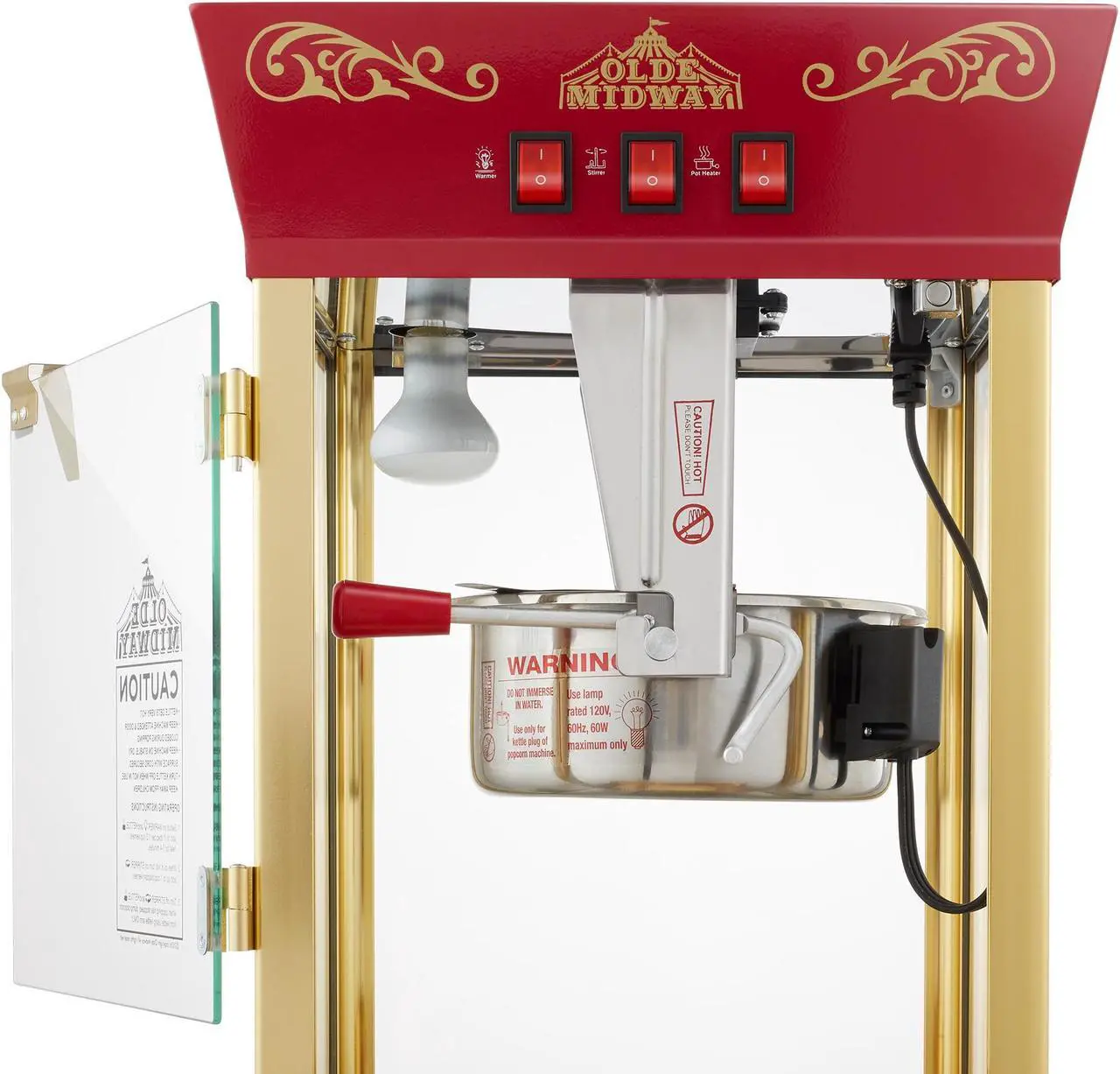 Alt view image 4 of 6 - Olde Midway Movie Theater-Style Popcorn Machine Maker with Cart and 8-Ounce Kettle - Red, Vintage-Style Popper on Wheels