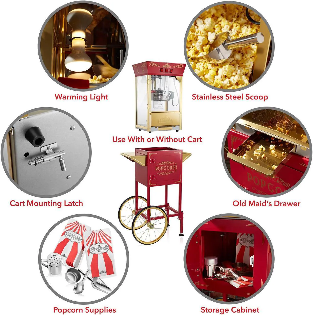 Alt view image 6 of 6 - Olde Midway Movie Theater-Style Popcorn Machine Maker with Cart and 8-Ounce Kettle - Red, Vintage-Style Popper on Wheels