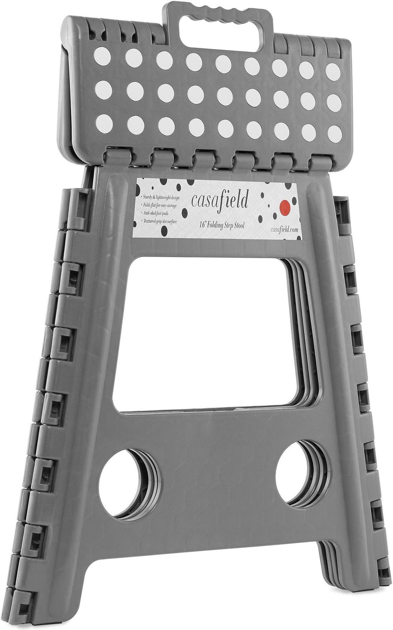 Alt view image 2 of 6 - Casafield 16" Folding Step Stool with Handle (Set of 2), Gray - Portable Collapsible Small Plastic Foot Stool for Adults - Use in the Kitchen, Bathroom and Bedroom