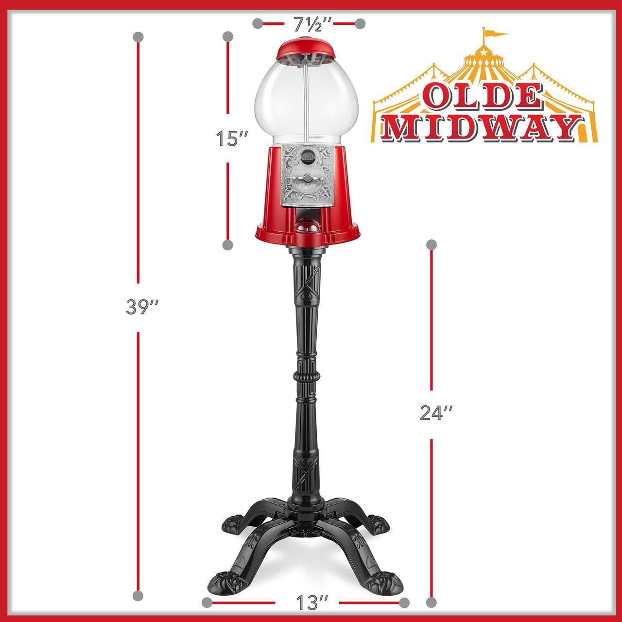 Alt view image 3 of 6 - Olde Midway 15" Gumball Machine with Stand - Red, Vintage-Style Bubble Gum Candy Dispenser with Glass Globe and Metal Base