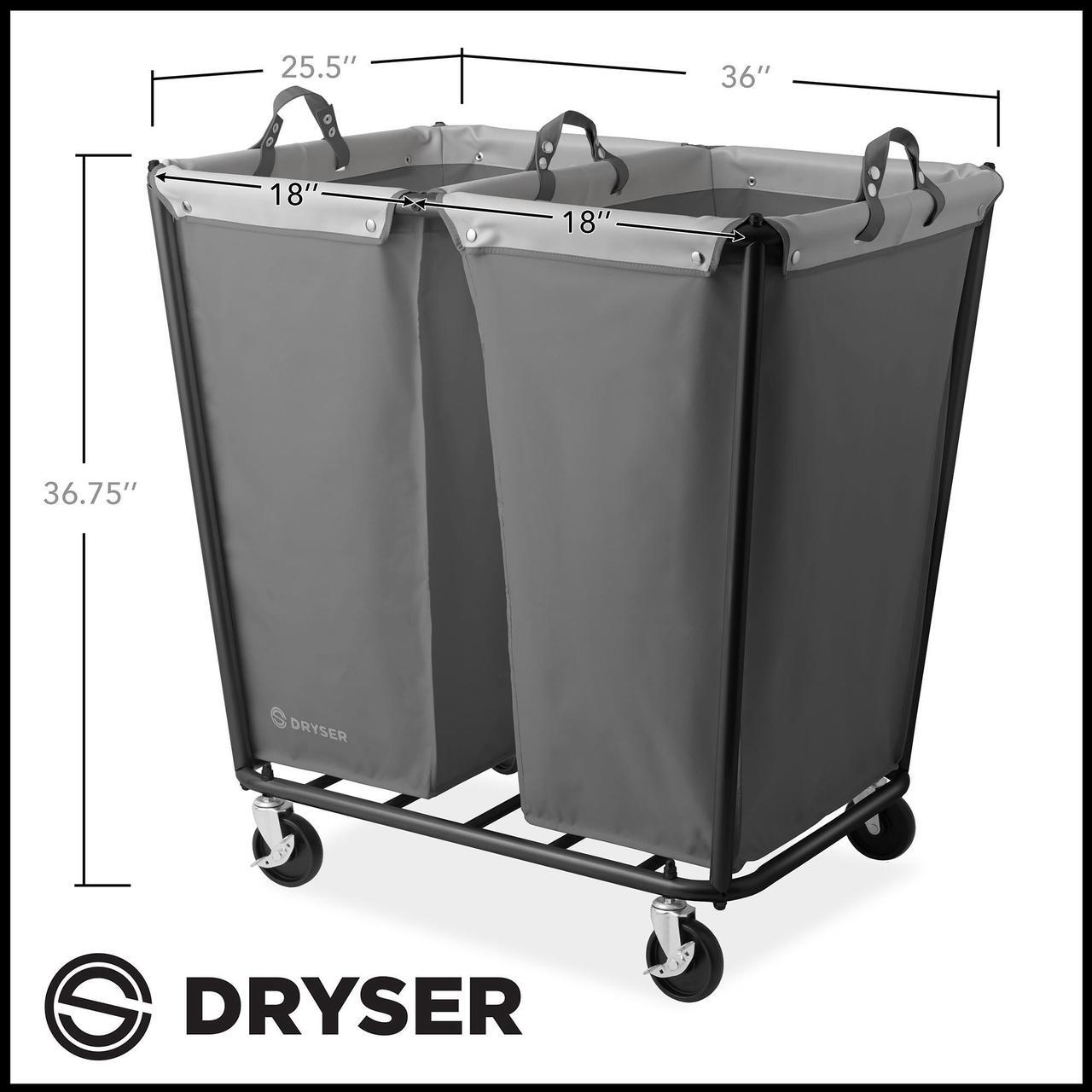 Alt view image 6 of 6 - Dryser Divided Commercial Heavy-Duty Rolling Laundry Hamper, Steel Frame Cart on Wheels with 2 Section Removable Canvas Bins for Hotel or Home - Gray