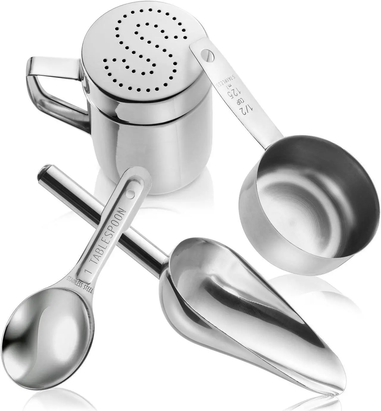 Alt view image 2 of 10 - Olde Midway Stainless Steel Popcorn Machine Accessories - 4 Piece Set with Measuring Spoons, Scoop, and Salt Shaker