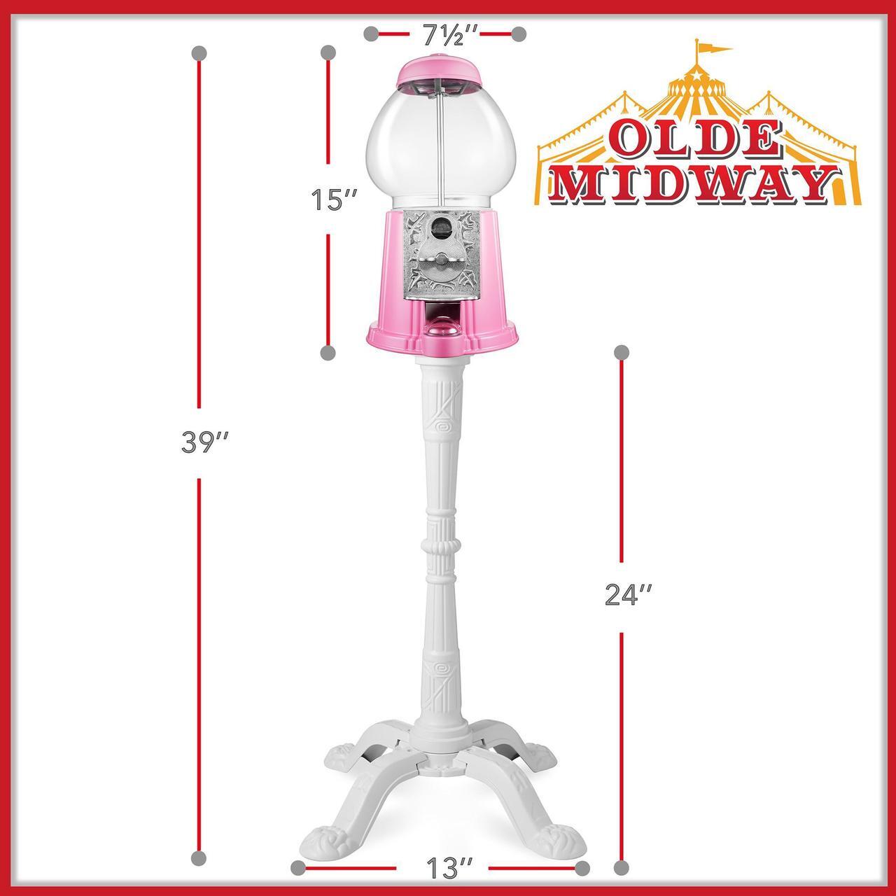 Alt view image 3 of 6 - Olde Midway 15" Gumball Machine with Stand - Pink, Vintage-Style Bubble Gum Candy Dispenser with Glass Globe and Metal Base