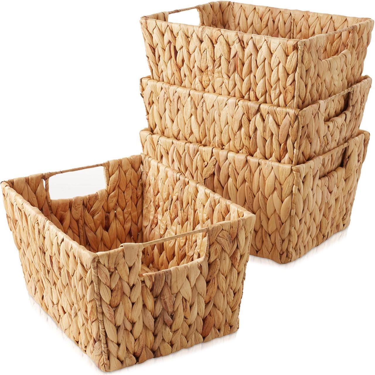 Main image of Casafield Set of 4 Water Hyacinth Storage Baskets with Handles - Natural, Woven Rectangular Storage Bins for Shelves, Blankets, Laundry Organization