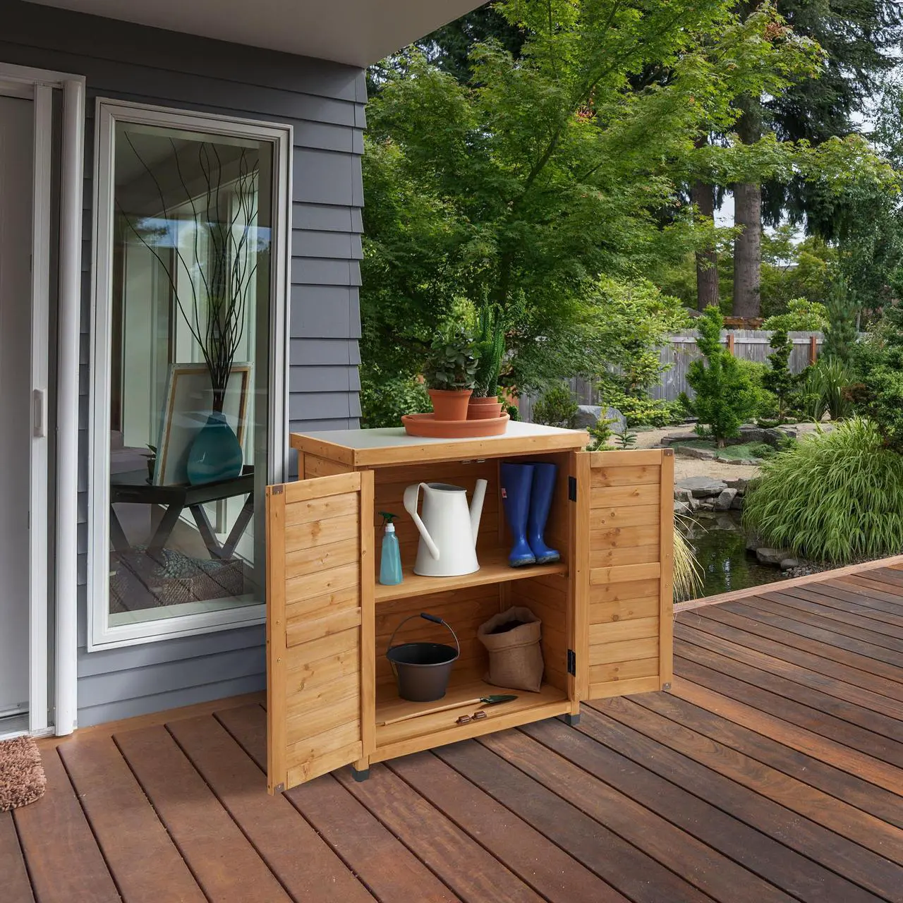Alt view image 4 of 6 - Casafield Outdoor Garden Potting Bench with Metal Tabletop and Storage Cabinet - Wooden Outdoor Garden Patio Workstation Table, Natural