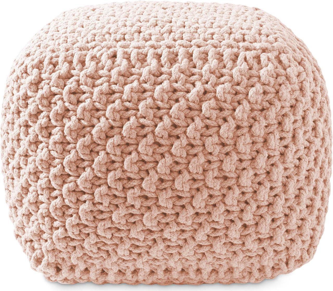 Alt view image 2 of 6 - Casafield Square Pouf Ottoman, Light Pink 18.5" W x 18.5" D x 14.5" H Cotton Knit Foot Stool - Boho Floor Pouffe for Living Room, Bedroom, Home Office