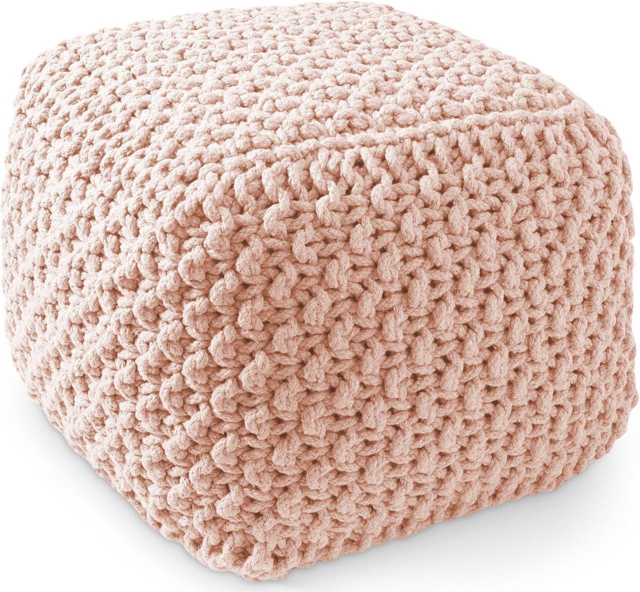 Main image of Casafield Square Pouf Ottoman, Light Pink 18.5" W x 18.5" D x 14.5" H Cotton Knit Foot Stool - Boho Floor Pouffe for Living Room, Bedroom, Home Office