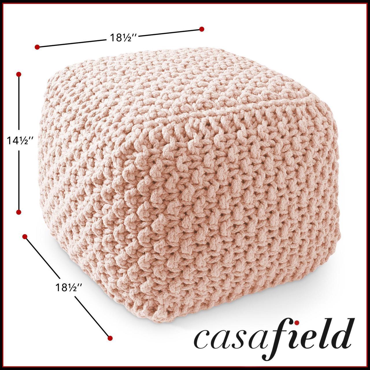 Alt view image 6 of 6 - Casafield Square Pouf Ottoman, Light Pink 18.5" W x 18.5" D x 14.5" H Cotton Knit Foot Stool - Boho Floor Pouffe for Living Room, Bedroom, Home Office