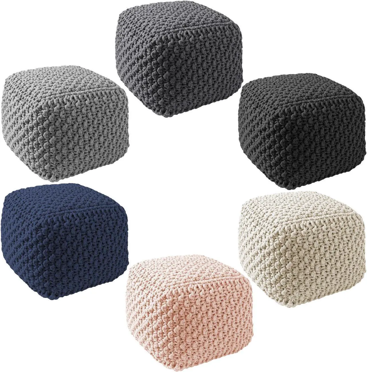 Alt view image 5 of 6 - Casafield Square Pouf Ottoman, Navy Blue 18.5" W x 18.5" D x 14.5" H Cotton Knit Foot Stool - Boho Floor Pouffe for Living Room, Bedroom, Home Office