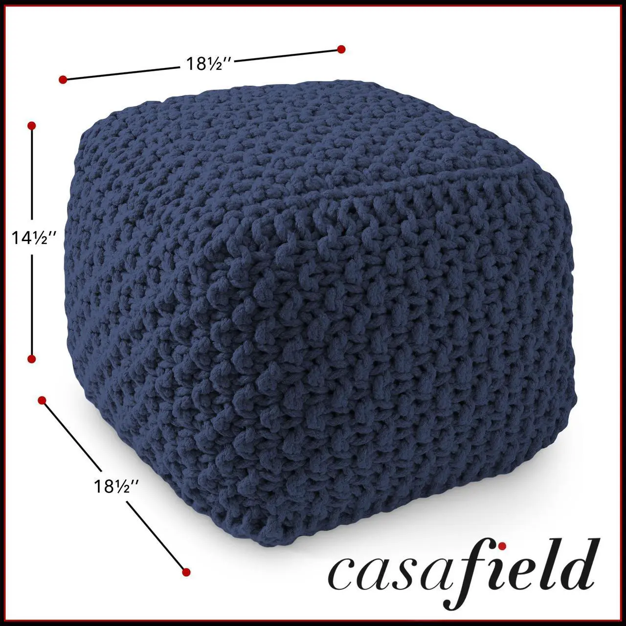 Alt view image 6 of 6 - Casafield Square Pouf Ottoman, Navy Blue 18.5" W x 18.5" D x 14.5" H Cotton Knit Foot Stool - Boho Floor Pouffe for Living Room, Bedroom, Home Office