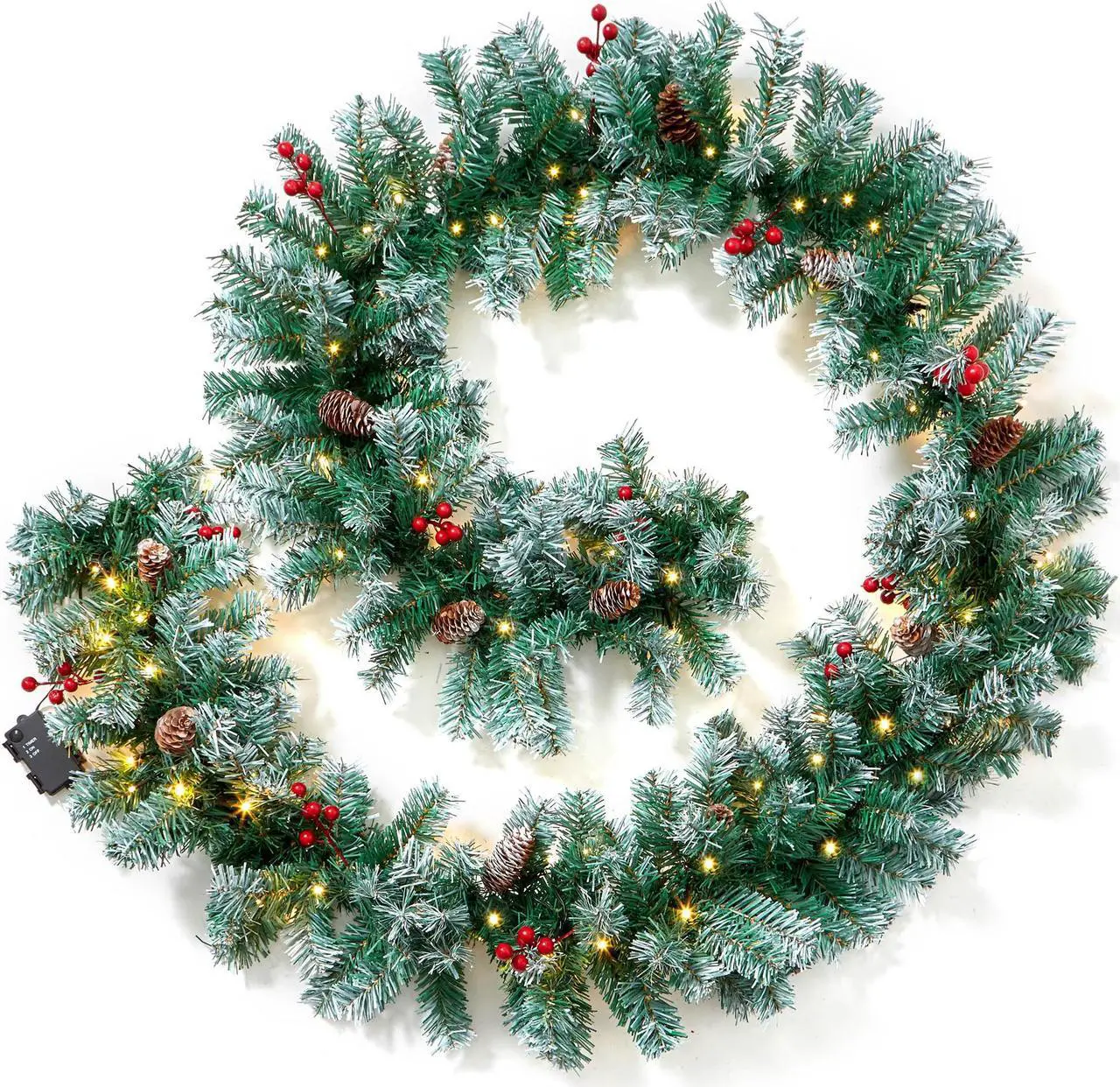 Alt view image 5 of 6 - Casafield Pre-Lit Artificial Christmas Garland, 9FT Pre-Decorated Snow-Flocked Garland with 100 White Lights, Pine Cones, Berries Indoor/Outdoor Holiday Decor