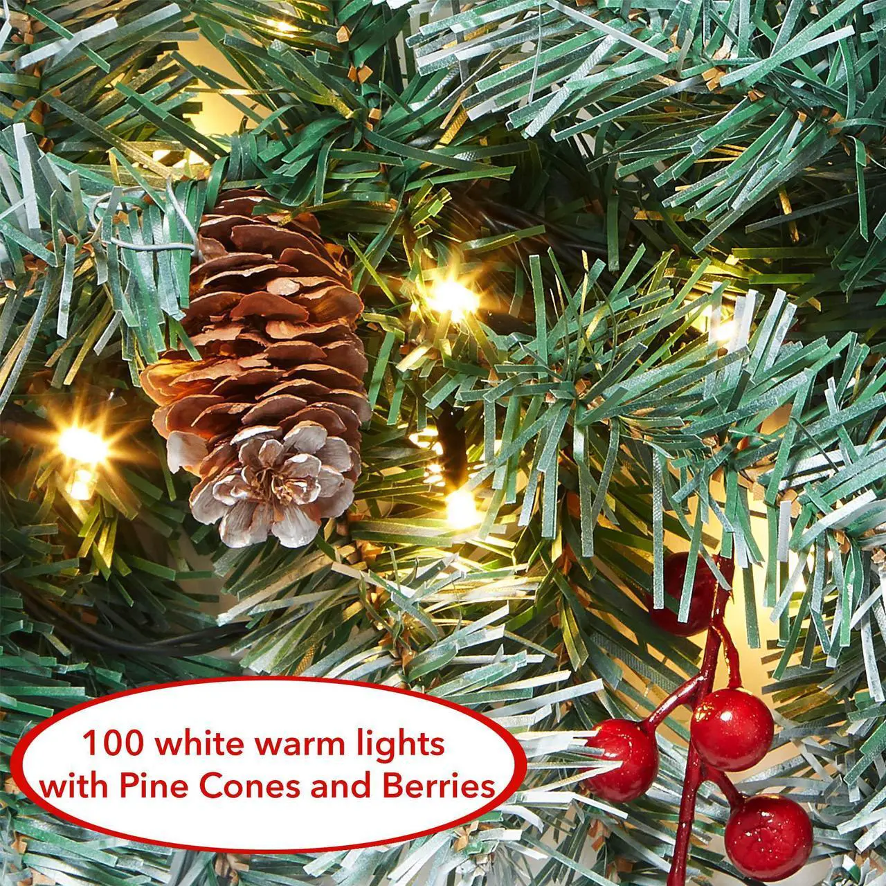 Alt view image 4 of 6 - Casafield Pre-Lit Artificial Christmas Garland, 9FT Pre-Decorated Snow-Flocked Garland with 100 White Lights, Pine Cones, Berries Indoor/Outdoor Holiday Decor
