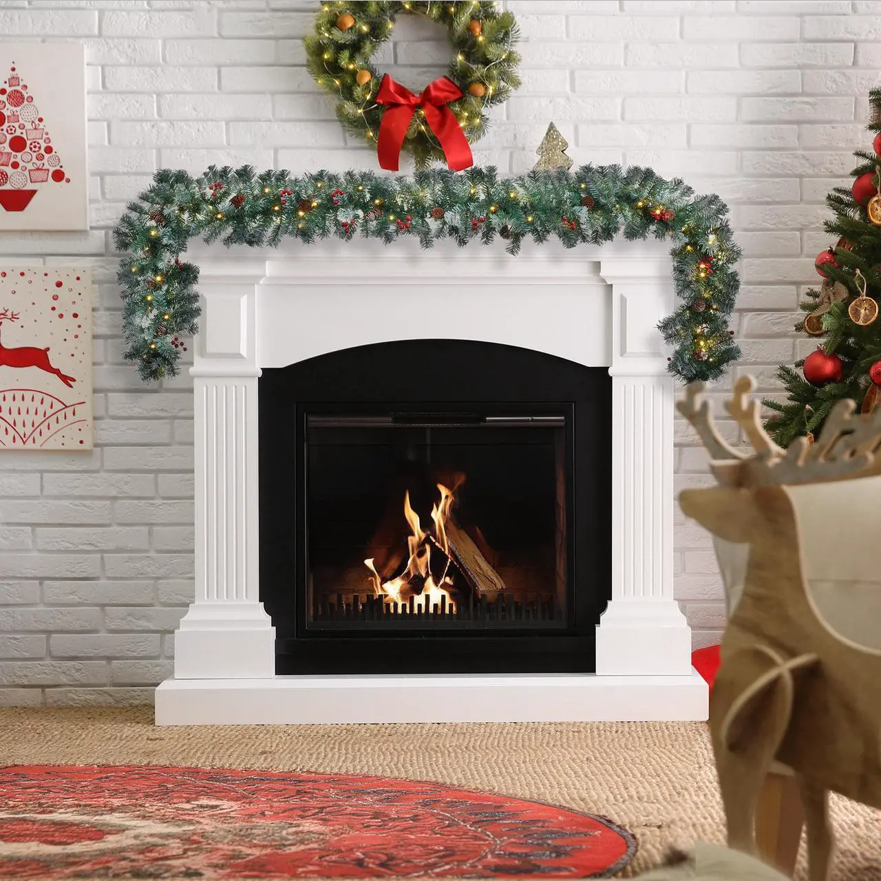 Alt view image 3 of 6 - Casafield Pre-Lit Artificial Christmas Garland, 9FT Pre-Decorated Snow-Flocked Garland with 100 White Lights, Pine Cones, Berries Indoor/Outdoor Holiday Decor