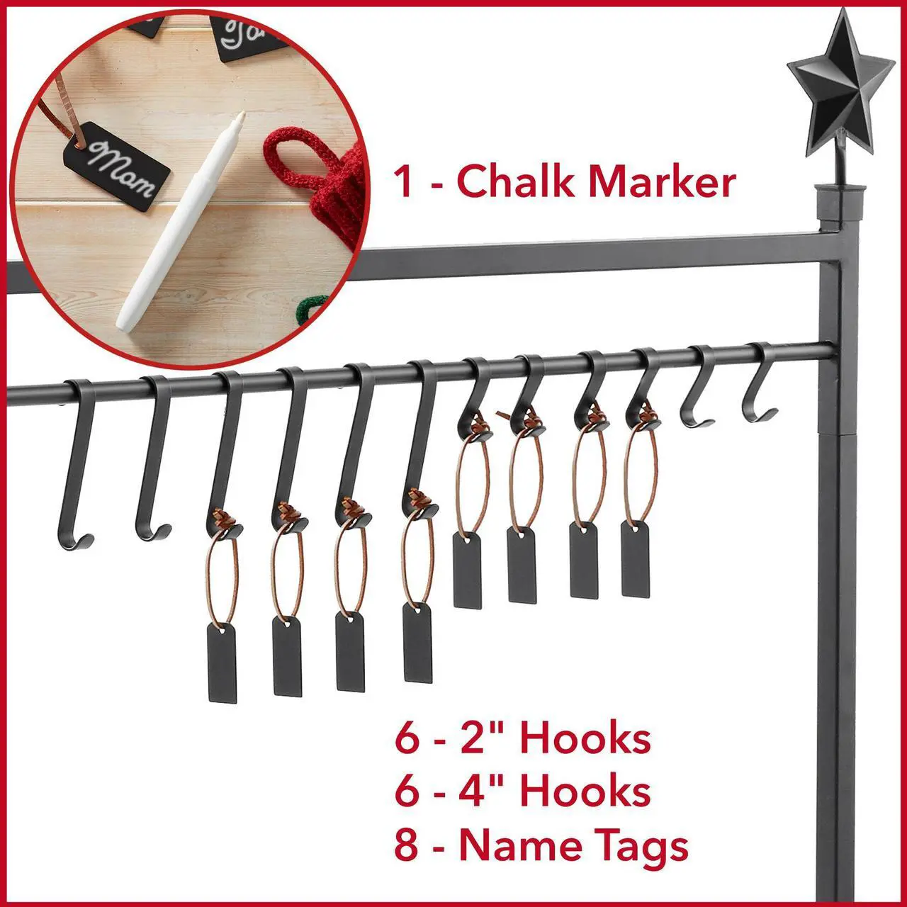 Alt view image 4 of 6 - Casafield 3ft Christmas Stocking Holder Stand, Holiday Decor Hanger Display for Home with 12 Hooks, Name Tags, and Chalk Marker