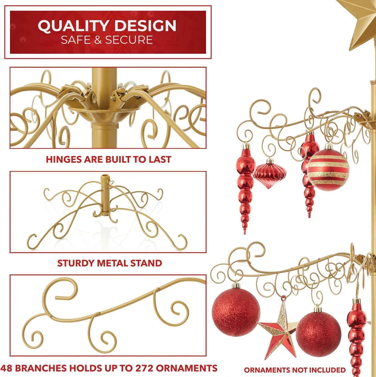 Alt view image 4 of 6 - Casafield Ornament Display Stand - 6' Gold Wrought Iron Christmas Tree Ornament Holder