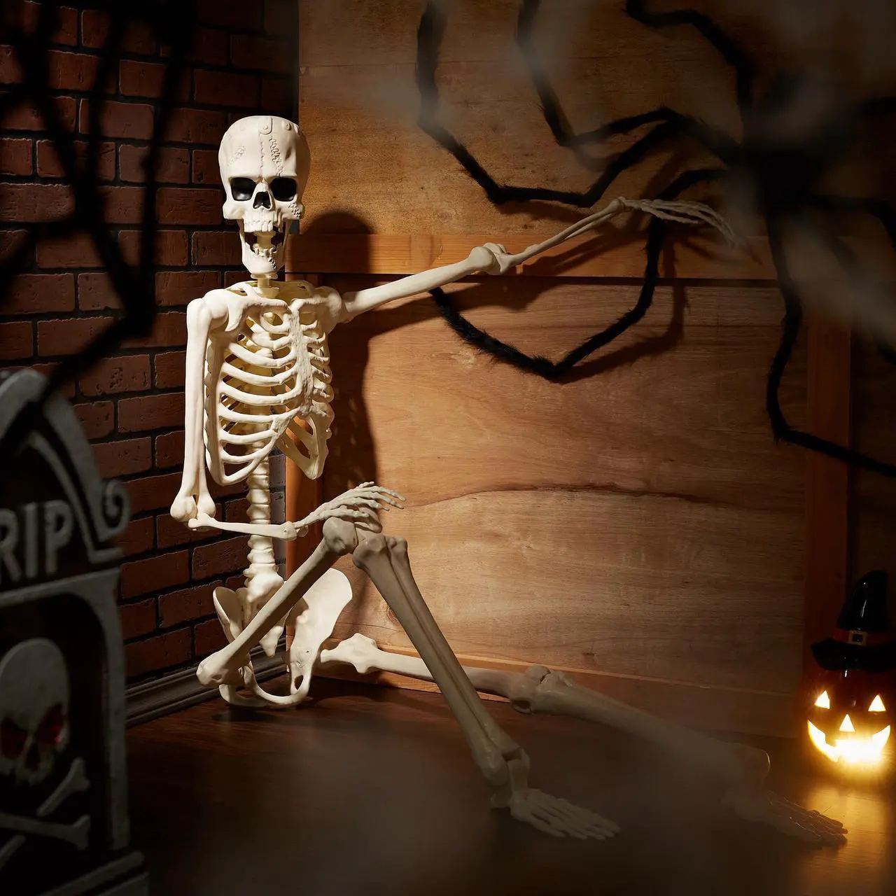 Alt view image 2 of 6 - BOO BOX 74" Franken Skeleton, Life Size Posable Scary Halloween Skeleton Decoration for Outdoor, Porch, or Yard