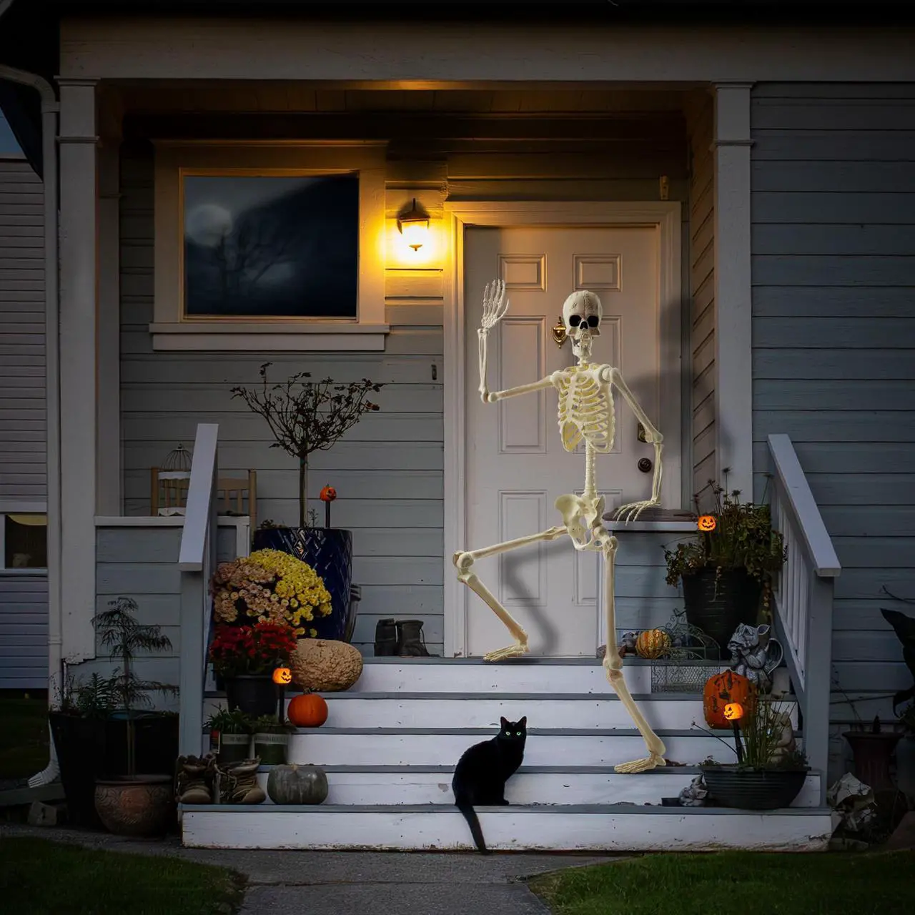 Alt view image 4 of 6 - BOO BOX 74" Franken Skeleton, Life Size Posable Scary Halloween Skeleton Decoration for Outdoor, Porch, or Yard
