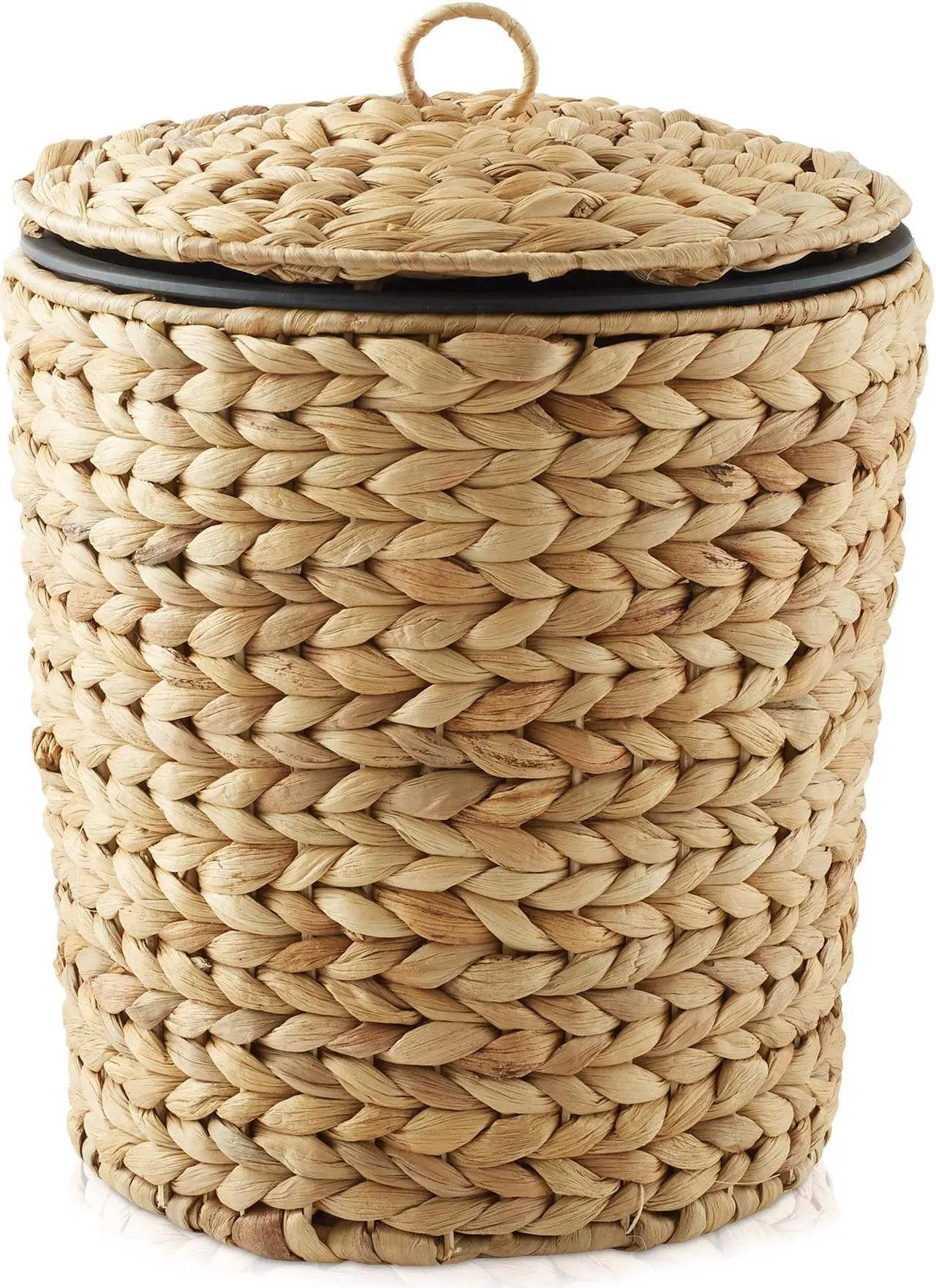 Alt view image 2 of 6 - Casafield Water Hyacinth Trash Can with Lid and Liner - Natural, Woven Waste Basket for Bathroom, Bedroom, Laundry Room, Home Office