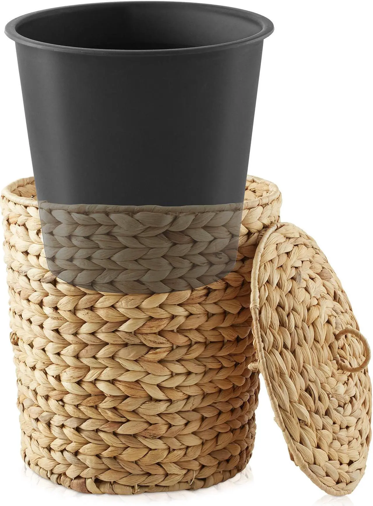 Alt view image 3 of 6 - Casafield Water Hyacinth Trash Can with Lid and Liner - Natural, Woven Waste Basket for Bathroom, Bedroom, Laundry Room, Home Office