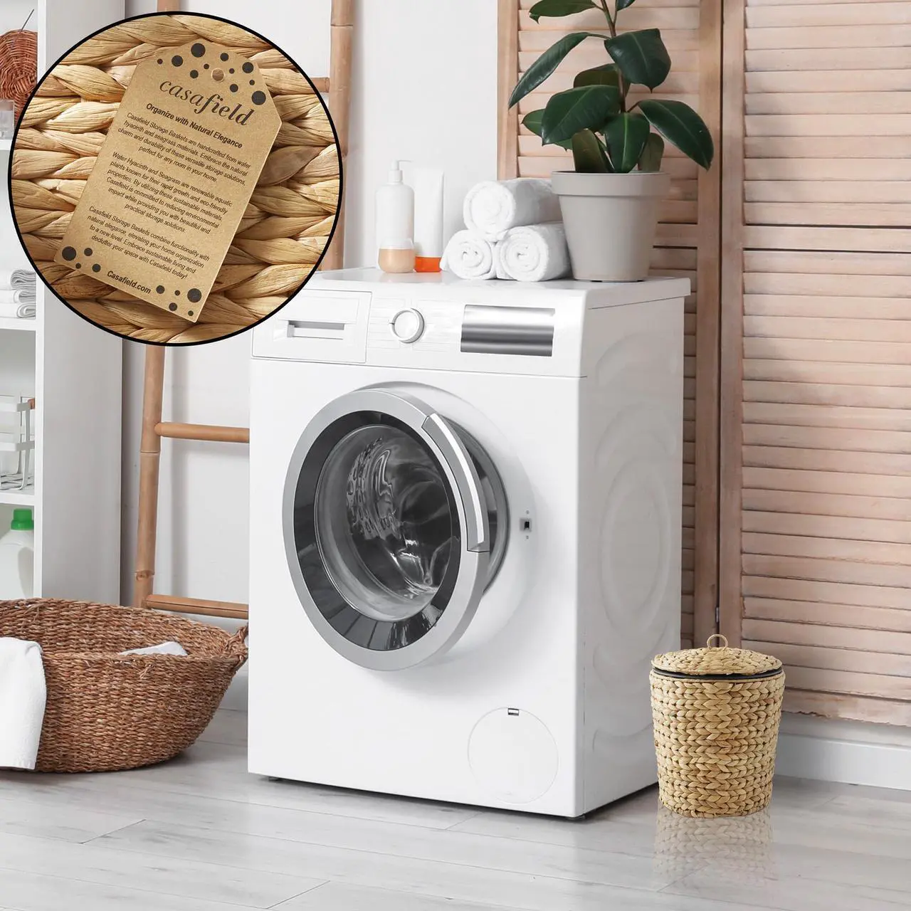 Alt view image 6 of 6 - Casafield Water Hyacinth Trash Can with Lid and Liner - Natural, Woven Waste Basket for Bathroom, Bedroom, Laundry Room, Home Office