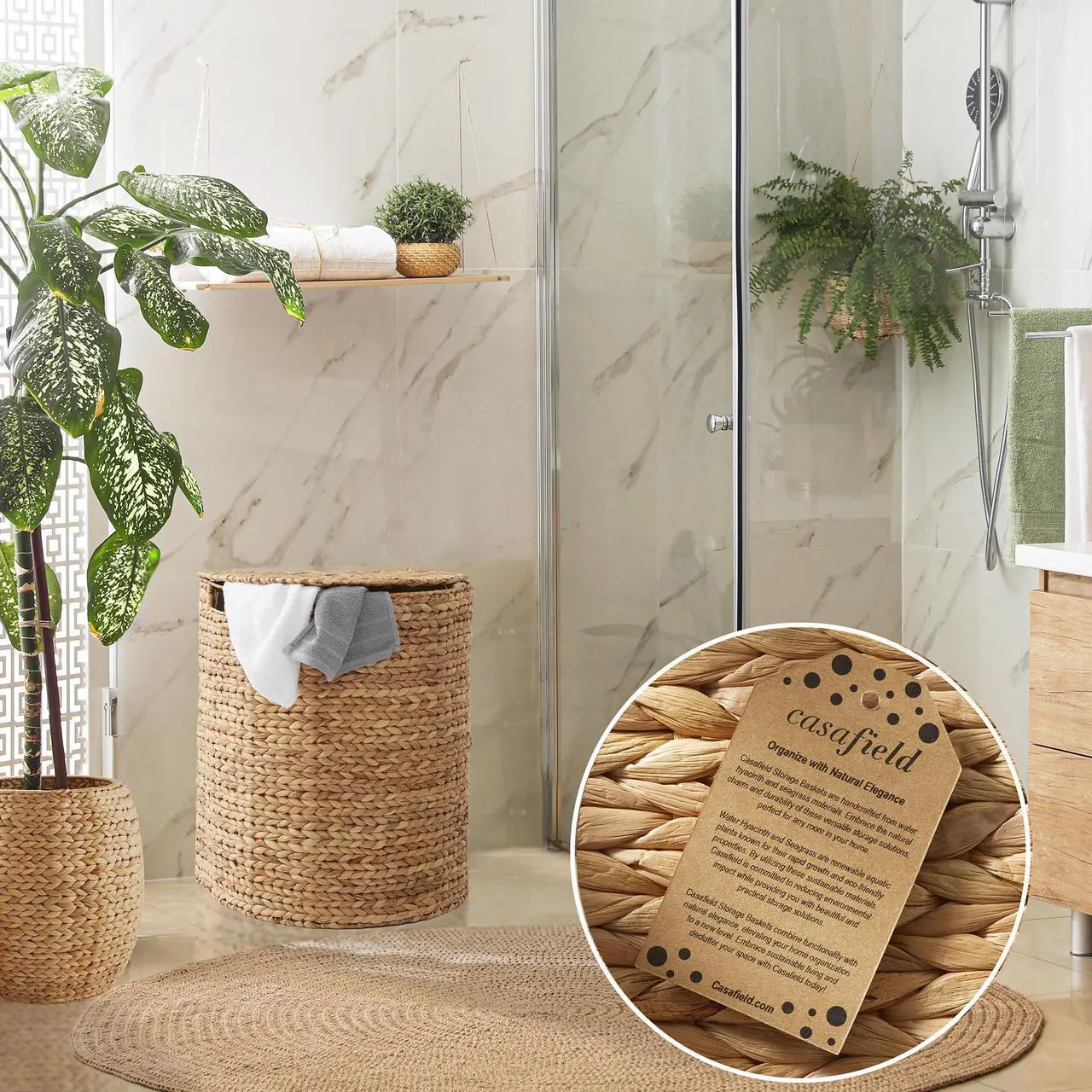 Alt view image 2 of 6 - Casafield Half Moon Laundry Hamper with Lid and Removable Liner Bag - Natural, Woven Water Hyacinth Laundry Basket for Clothes and Towels