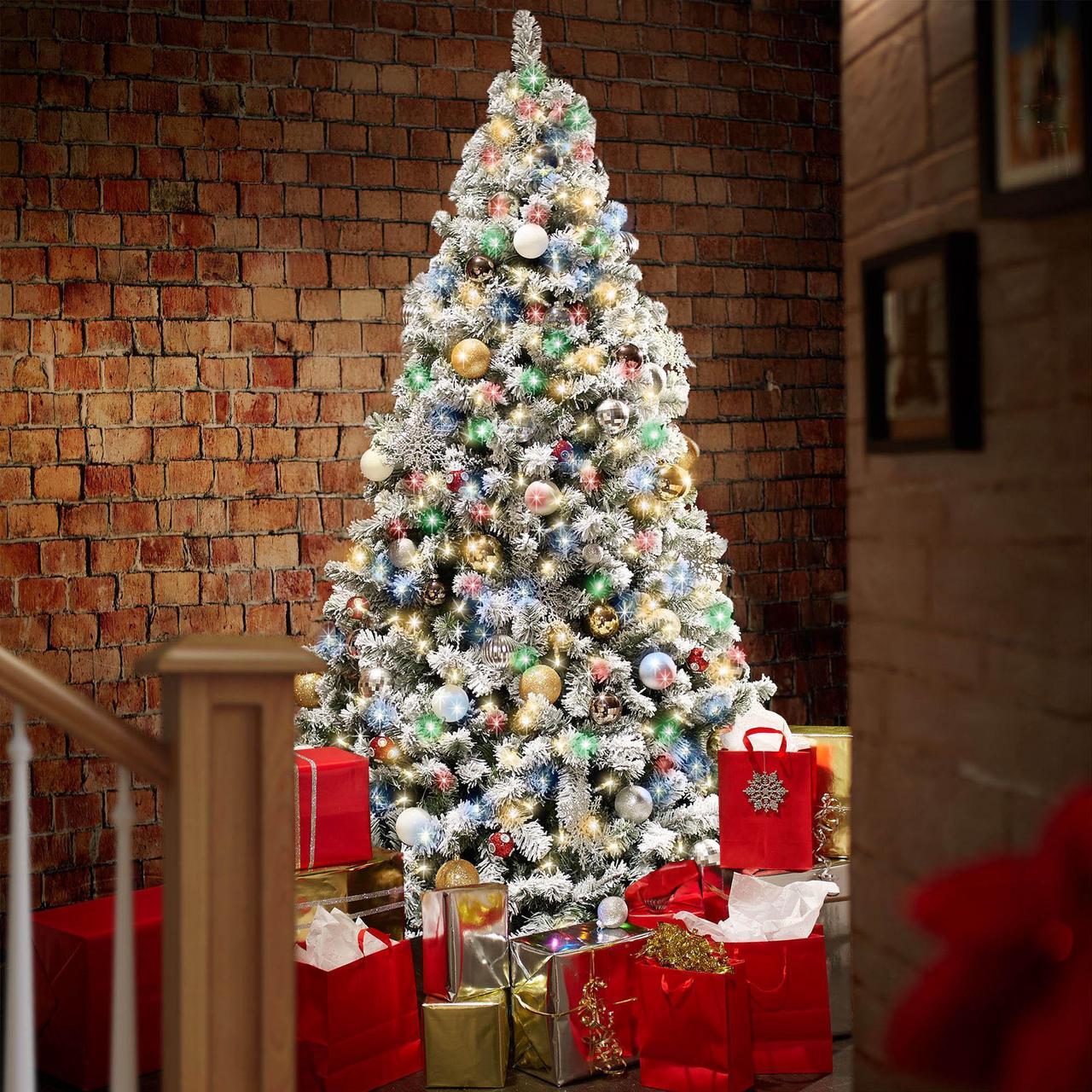 Alt view image 2 of 6 - Casafield 7.5FT Realistic Snow-Flocked Pine with White and Multicolor LED Lights, 9 Light Sequence Artificial Holiday Christmas Tree with Sturdy Metal Stand