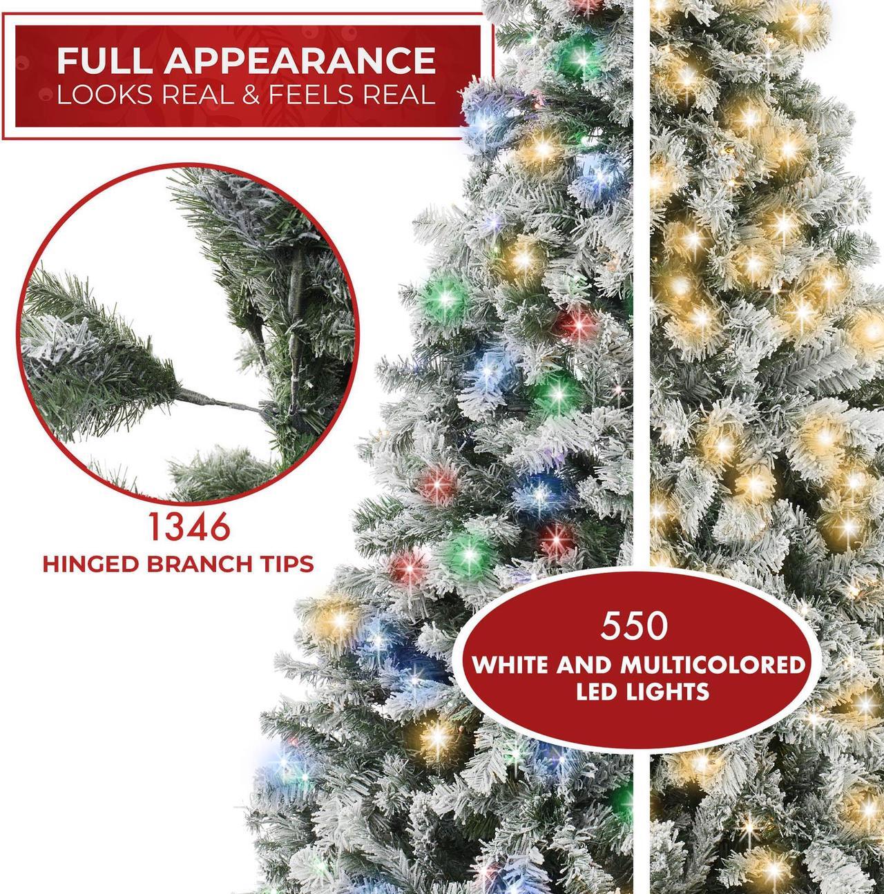 Alt view image 3 of 6 - Casafield 7.5FT Realistic Snow-Flocked Pine with White and Multicolor LED Lights, 9 Light Sequence Artificial Holiday Christmas Tree with Sturdy Metal Stand